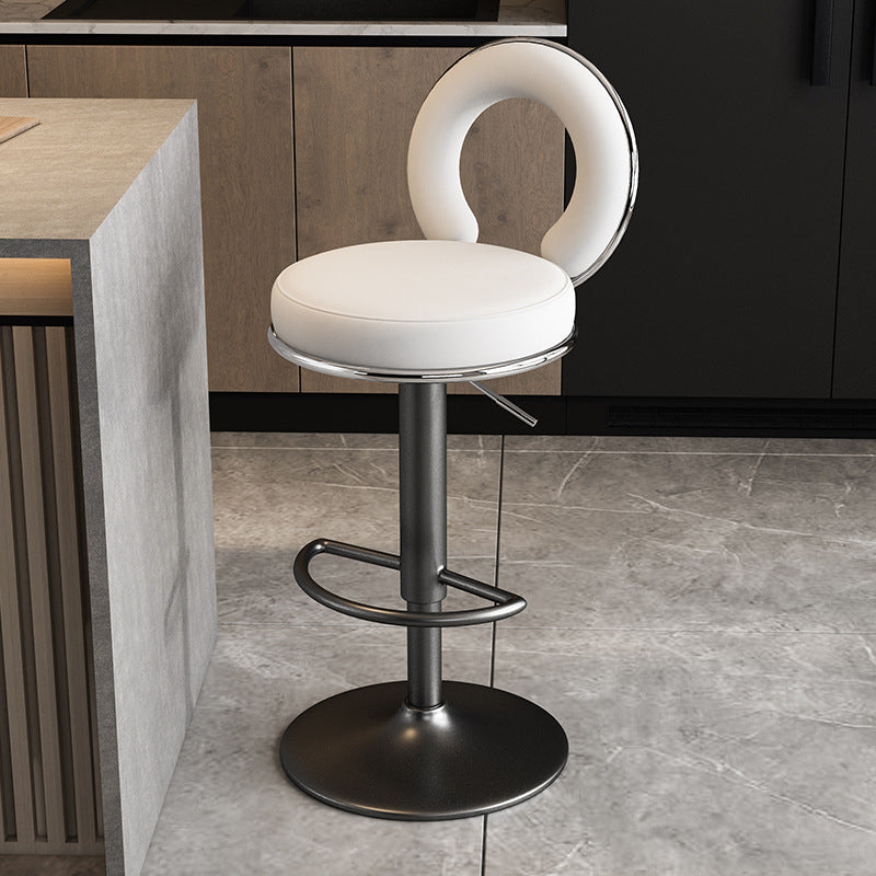 Taburete de Bar Redondo de Cuero Minimalista Moderno con Respaldo y Reposapiés para Cocina 
