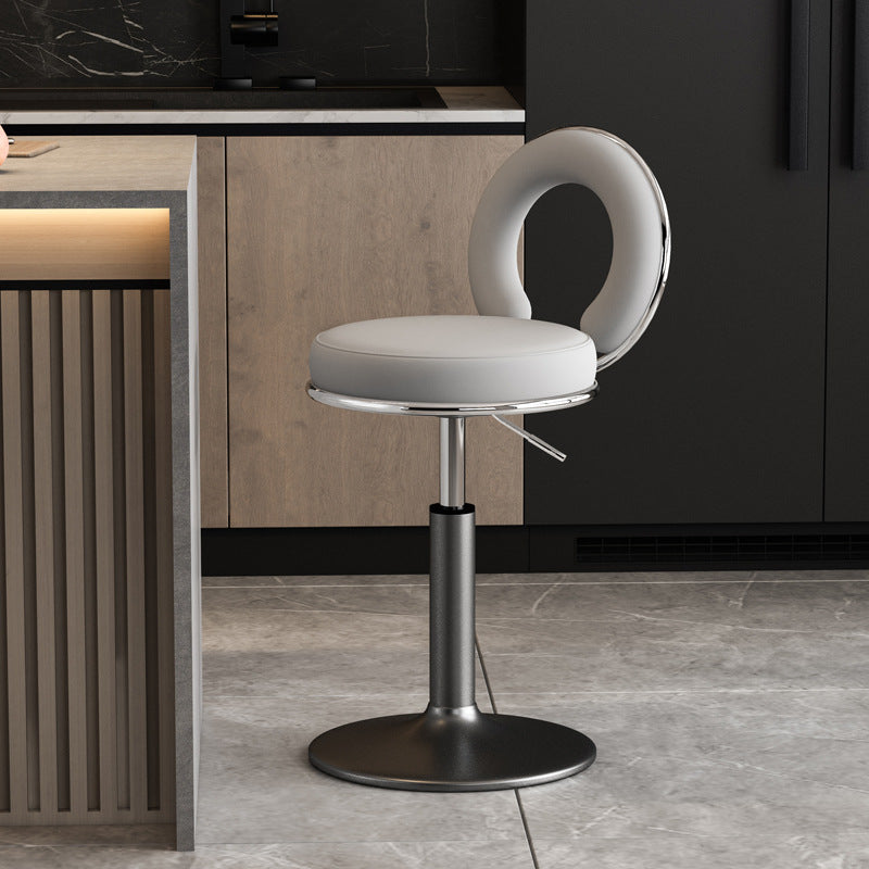 Taburete de Bar Redondo de Cuero Minimalista Moderno con Respaldo y Reposapiés para Cocina 