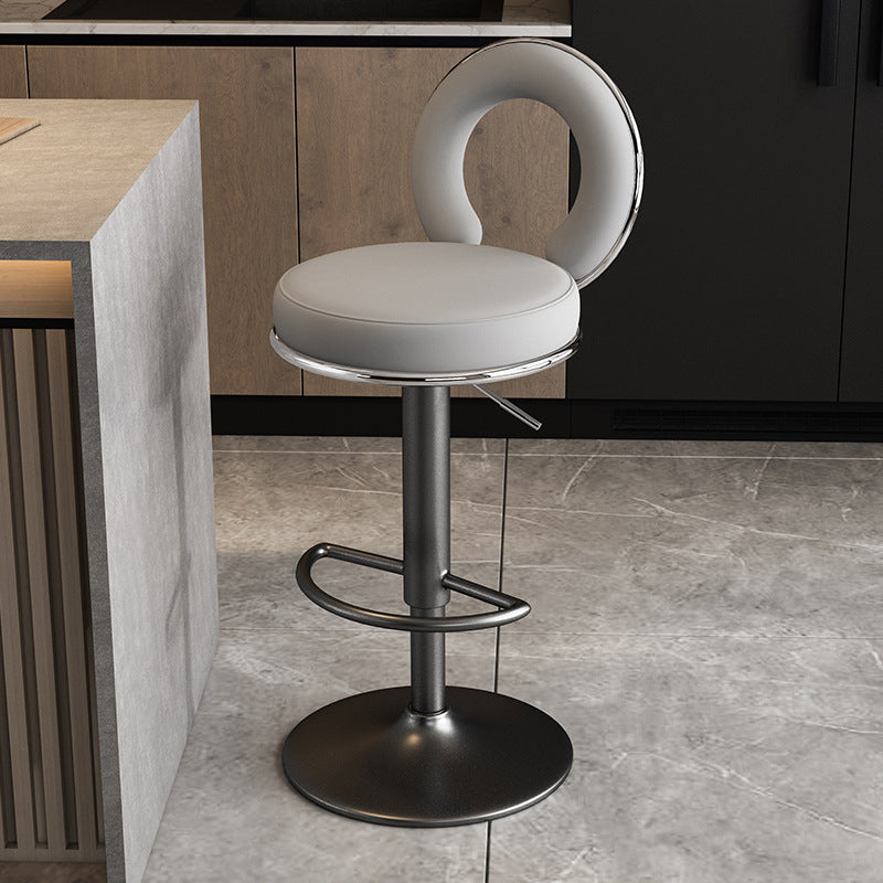 Taburete de Bar Redondo de Cuero Minimalista Moderno con Respaldo y Reposapiés para Cocina 