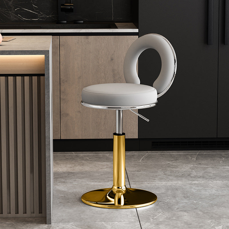 Taburete de Bar Redondo de Cuero Minimalista Moderno con Respaldo y Reposapiés para Cocina 