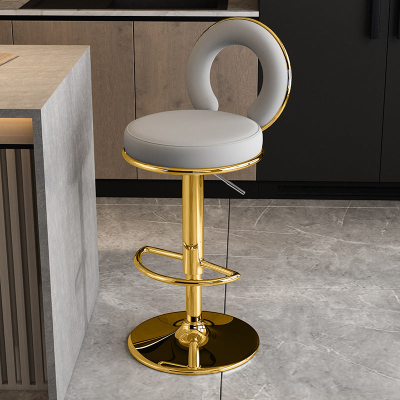 Taburete de Bar Redondo de Cuero Minimalista Moderno con Respaldo y Reposapiés para Cocina 