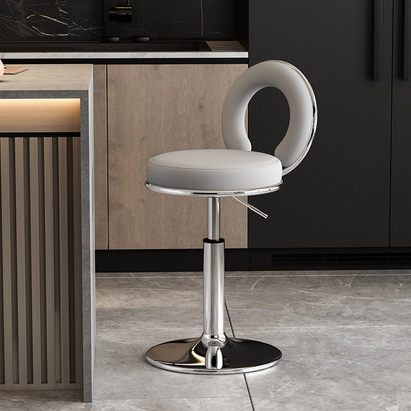 Taburete de Bar Redondo de Cuero Minimalista Moderno con Respaldo y Reposapiés para Cocina 