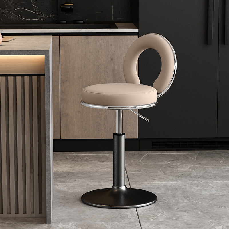 Taburete de Bar Redondo de Cuero Minimalista Moderno con Respaldo y Reposapiés para Cocina 