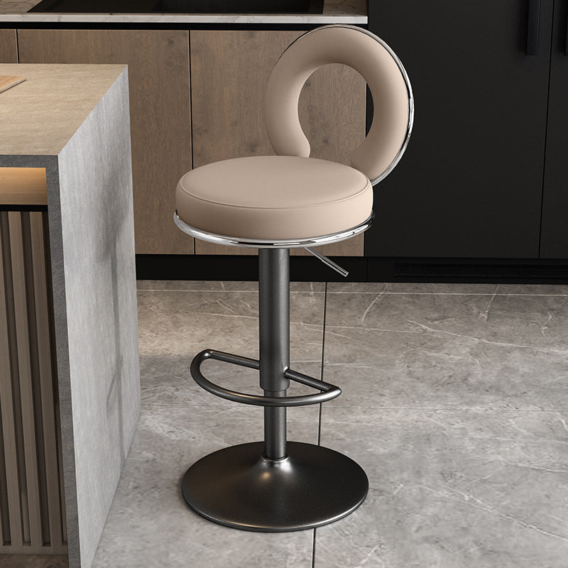 Taburete de Bar Redondo de Cuero Minimalista Moderno con Respaldo y Reposapiés para Cocina 