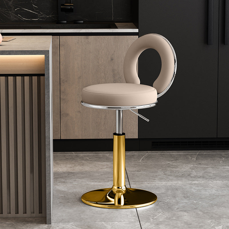 Taburete de Bar Redondo de Cuero Minimalista Moderno con Respaldo y Reposapiés para Cocina 
