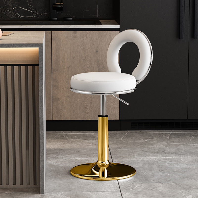 Taburete de Bar Redondo de Cuero Minimalista Moderno con Respaldo y Reposapiés para Cocina 