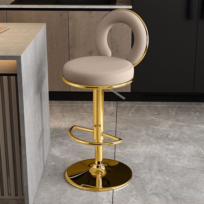 Taburete de Bar Redondo de Cuero Minimalista Moderno con Respaldo y Reposapiés para Cocina 