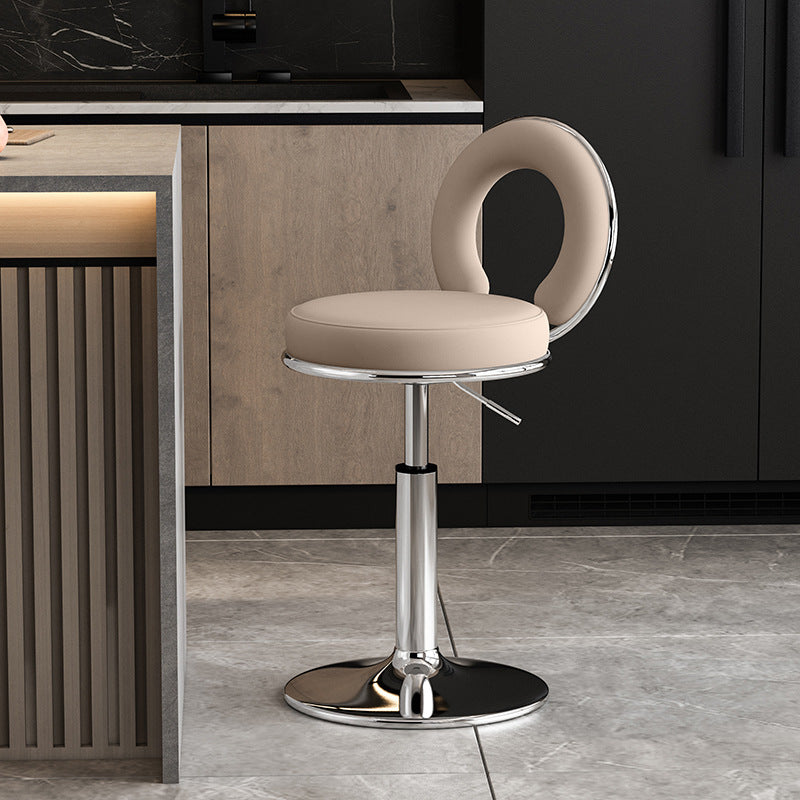 Taburete de Bar Redondo de Cuero Minimalista Moderno con Respaldo y Reposapiés para Cocina 