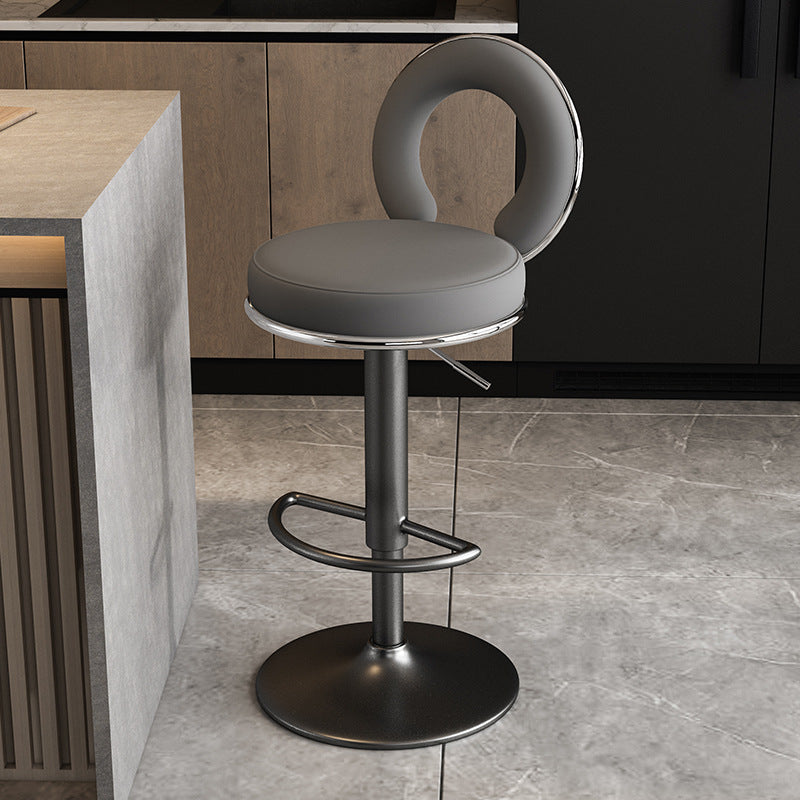 Taburete de Bar Redondo de Cuero Minimalista Moderno con Respaldo y Reposapiés para Cocina 