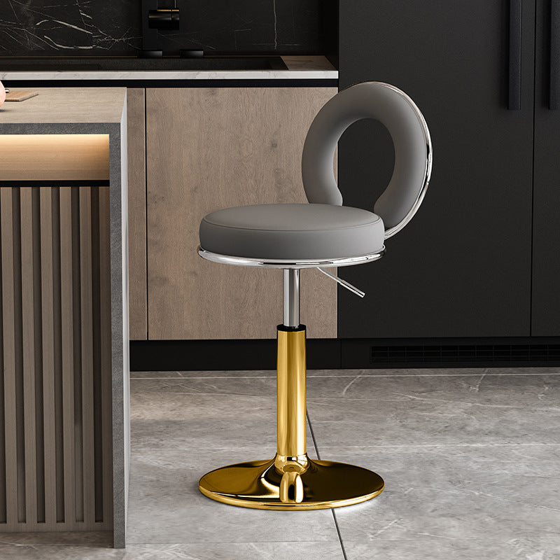 Taburete de Bar Redondo de Cuero Minimalista Moderno con Respaldo y Reposapiés para Cocina 