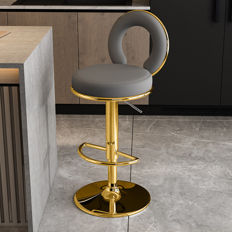 Taburete de Bar Redondo de Cuero Minimalista Moderno con Respaldo y Reposapiés para Cocina 