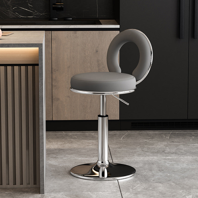 Taburete de Bar Redondo de Cuero Minimalista Moderno con Respaldo y Reposapiés para Cocina 