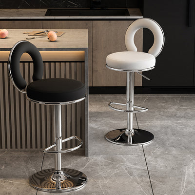 Taburete de Bar Redondo de Cuero Minimalista Moderno con Respaldo y Reposapiés para Cocina 