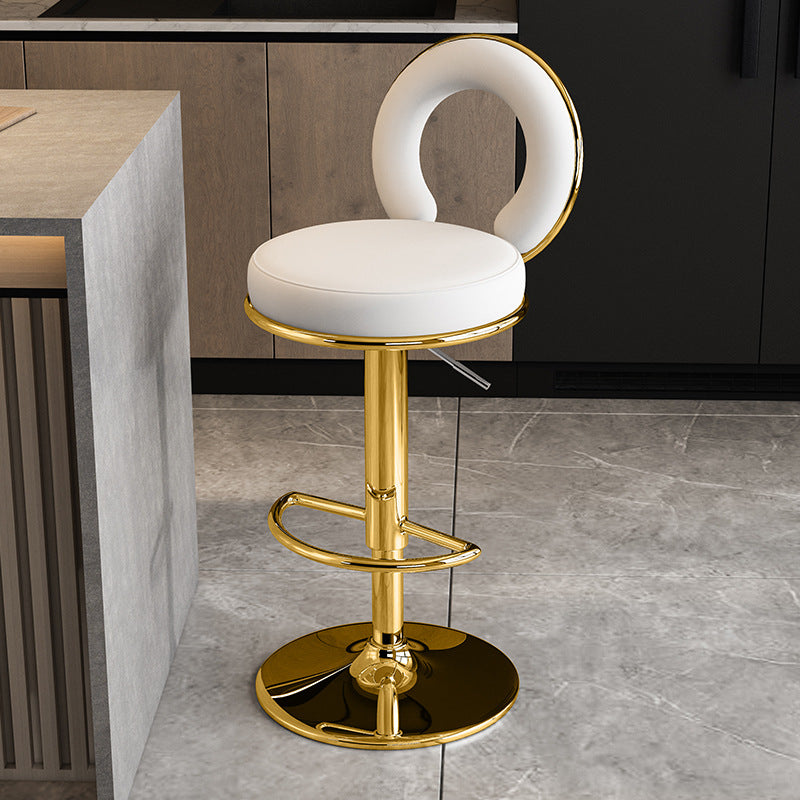 Taburete de Bar Redondo de Cuero Minimalista Moderno con Respaldo y Reposapiés para Cocina 