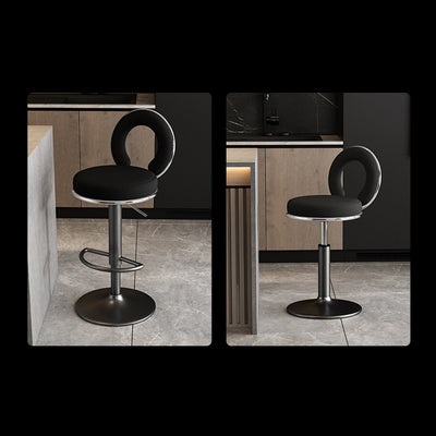 Taburete de Bar Redondo de Cuero Minimalista Moderno con Respaldo y Reposapiés para Cocina 