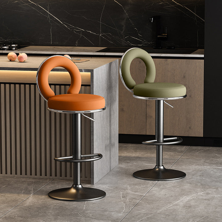 Modern Minimalist Faux Leather Sponge Round Openwork Bar Stool Backrest Footrest For Kitchen