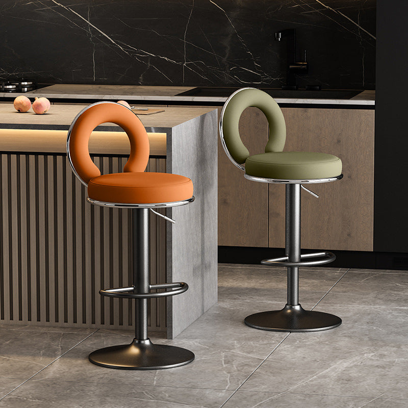 Taburete de Bar Redondo de Cuero Minimalista Moderno con Respaldo y Reposapiés para Cocina 