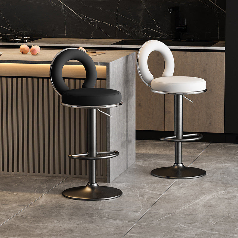 Taburete de Bar Redondo de Cuero Minimalista Moderno con Respaldo y Reposapiés para Cocina 