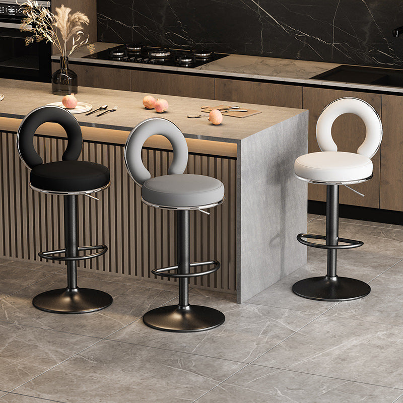 Taburete de Bar Redondo de Cuero Minimalista Moderno con Respaldo y Reposapiés para Cocina 