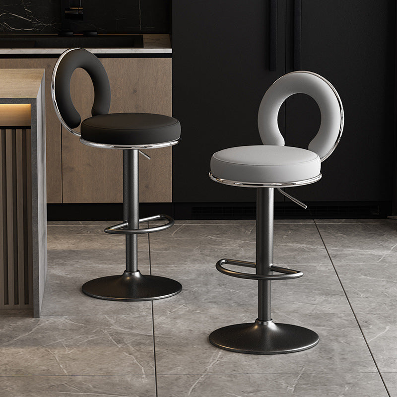 Taburete de Bar Redondo de Cuero Minimalista Moderno con Respaldo y Reposapiés para Cocina 