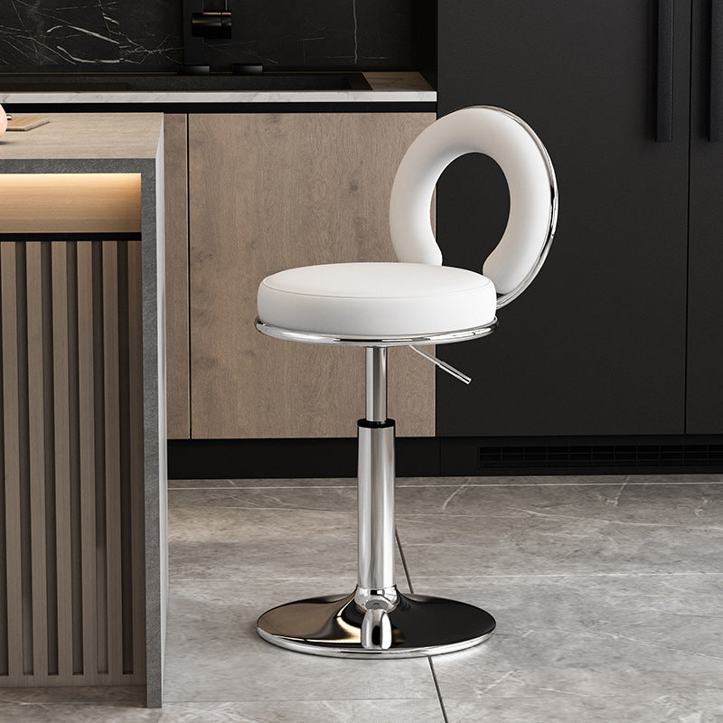 Taburete de Bar Redondo de Cuero Minimalista Moderno con Respaldo y Reposapiés para Cocina 