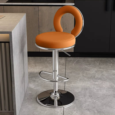 Taburete de Bar Redondo de Cuero Minimalista Moderno con Respaldo y Reposapiés para Cocina 