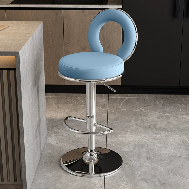 Taburete de Bar Redondo de Cuero Minimalista Moderno con Respaldo y Reposapiés para Cocina 