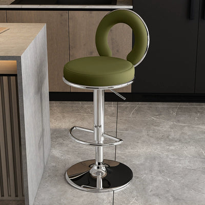 Taburete de Bar Redondo de Cuero Minimalista Moderno con Respaldo y Reposapiés para Cocina 