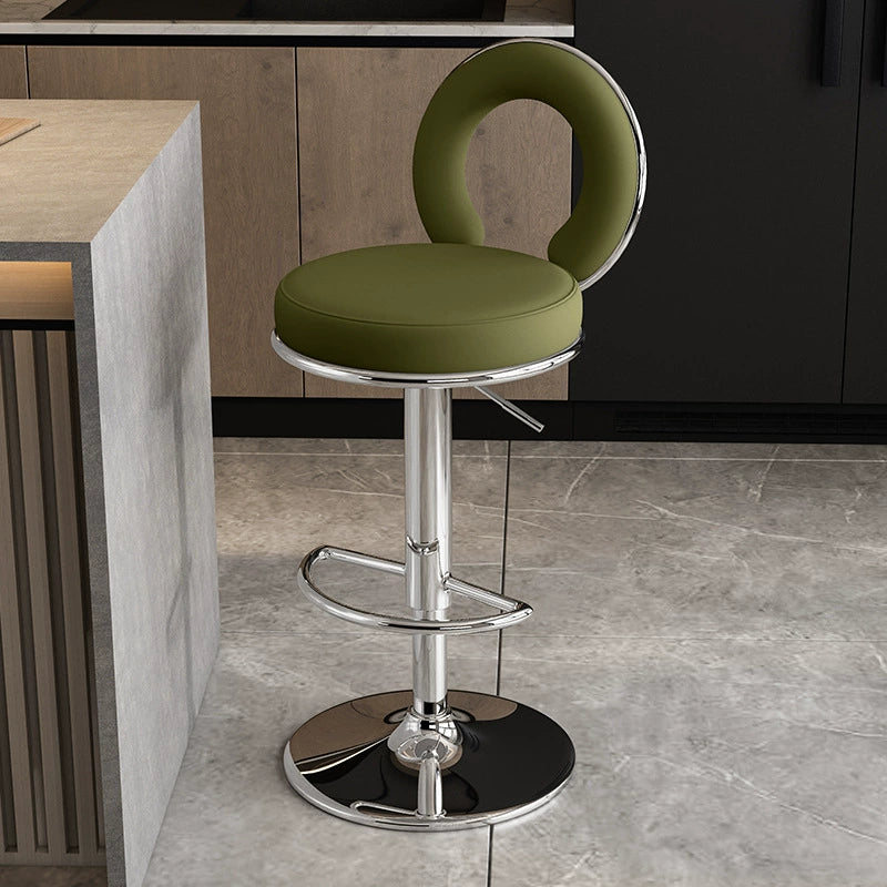 Taburete de Bar Redondo de Cuero Minimalista Moderno con Respaldo y Reposapiés para Cocina 