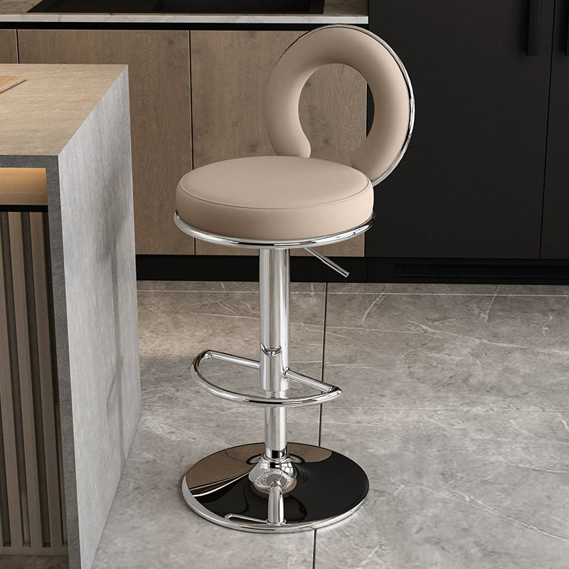 Taburete de Bar Redondo de Cuero Minimalista Moderno con Respaldo y Reposapiés para Cocina 