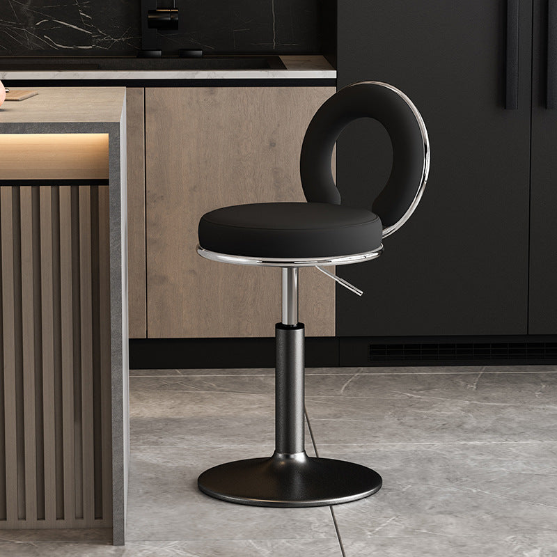 Taburete de Bar Redondo de Cuero Minimalista Moderno con Respaldo y Reposapiés para Cocina 