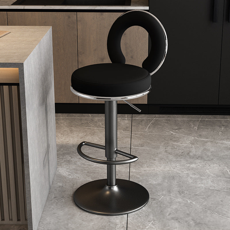 Taburete de Bar Redondo de Cuero Minimalista Moderno con Respaldo y Reposapiés para Cocina 