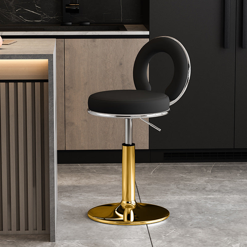 Modern Minimalist Faux Leather Sponge Round Openwork Bar Stool Backrest Footrest For Kitchen