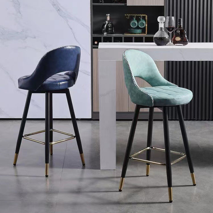 Zeitgenössischer Retro-Kunstleder-Eisen-Schwamm-Rundbarhocker mit Rückenlehne, Fußstütze und Drehfunktion für die Küche 