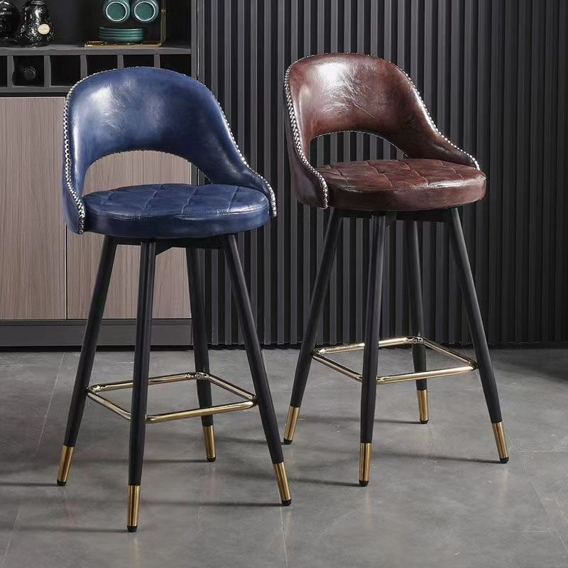 Taburete de bar redondo contemporáneo de cuero retro con respaldo, reposapiés y giro para cocina 