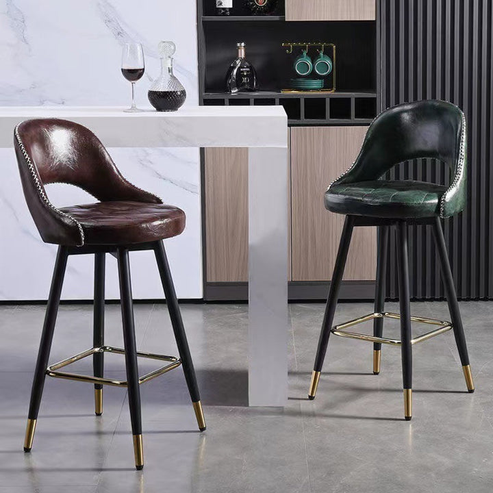 Zeitgenössischer Retro-Kunstleder-Eisen-Schwamm-Rundbarhocker mit Rückenlehne, Fußstütze und Drehfunktion für die Küche 