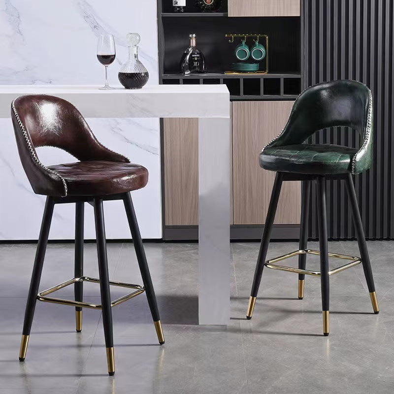 Taburete de bar redondo contemporáneo de cuero retro con respaldo, reposapiés y giro para cocina 