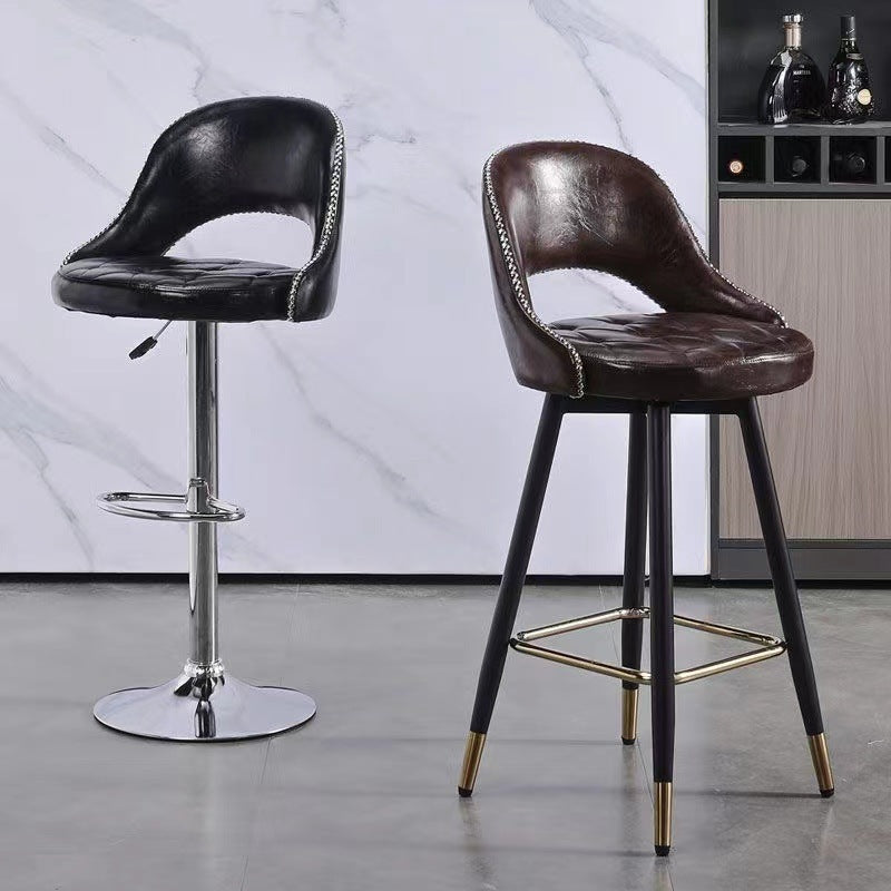 Taburete de bar redondo contemporáneo de cuero retro con respaldo, reposapiés y giro para cocina 