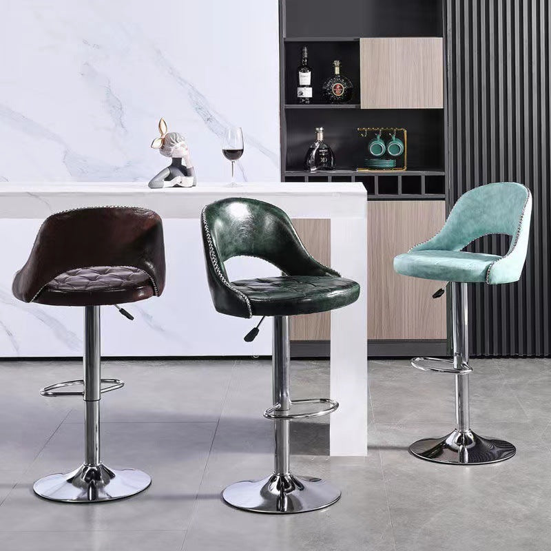 Zeitgenössischer Retro-Kunstleder-Eisen-Schwamm-Rundbarhocker mit Rückenlehne, Fußstütze und Drehfunktion für die Küche 