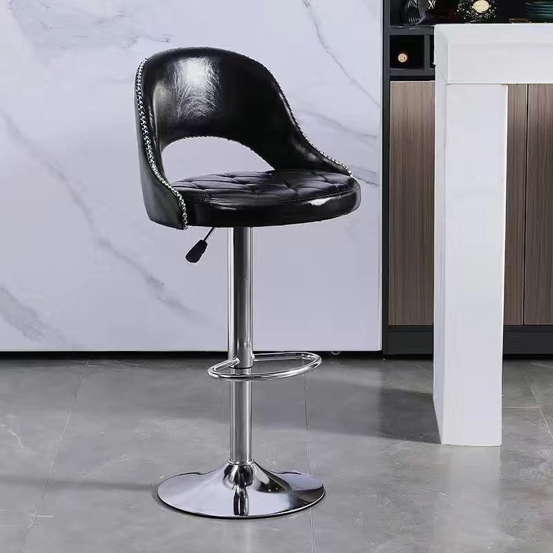 Taburete de bar redondo contemporáneo de cuero retro con respaldo, reposapiés y giro para cocina 