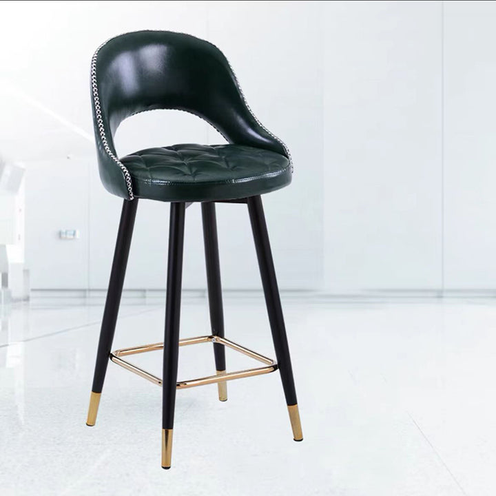 Zeitgenössischer Retro-Kunstleder-Eisen-Schwamm-Rundbarhocker mit Rückenlehne, Fußstütze und Drehfunktion für die Küche 