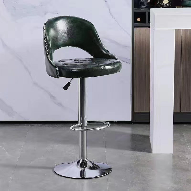 Taburete de bar redondo contemporáneo de cuero retro con respaldo, reposapiés y giro para cocina 