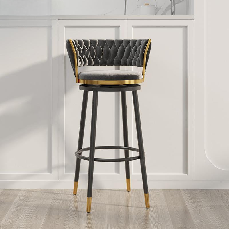 Tabouret de bar rond en velours scandinave contemporain avec dossier, repose-pieds et pivot pour la cuisine 