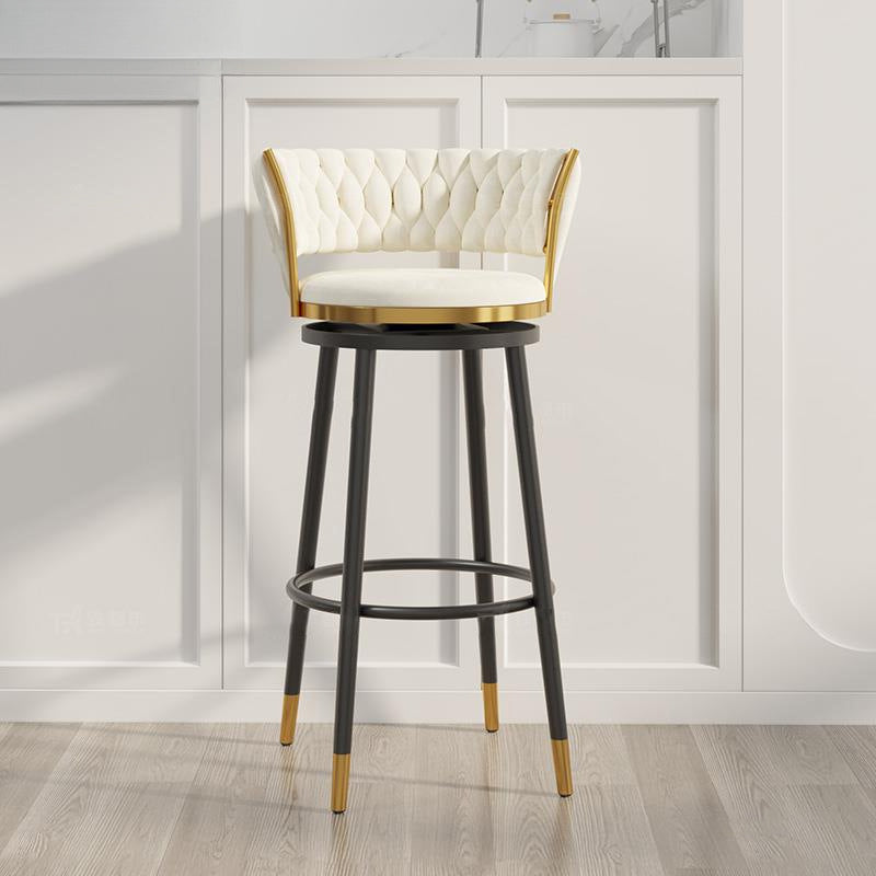 Tabouret de bar rond en velours scandinave contemporain avec dossier, repose-pieds et pivot pour la cuisine 