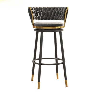 Tabouret de bar rond en velours scandinave contemporain avec dossier, repose-pieds et pivot pour la cuisine 
