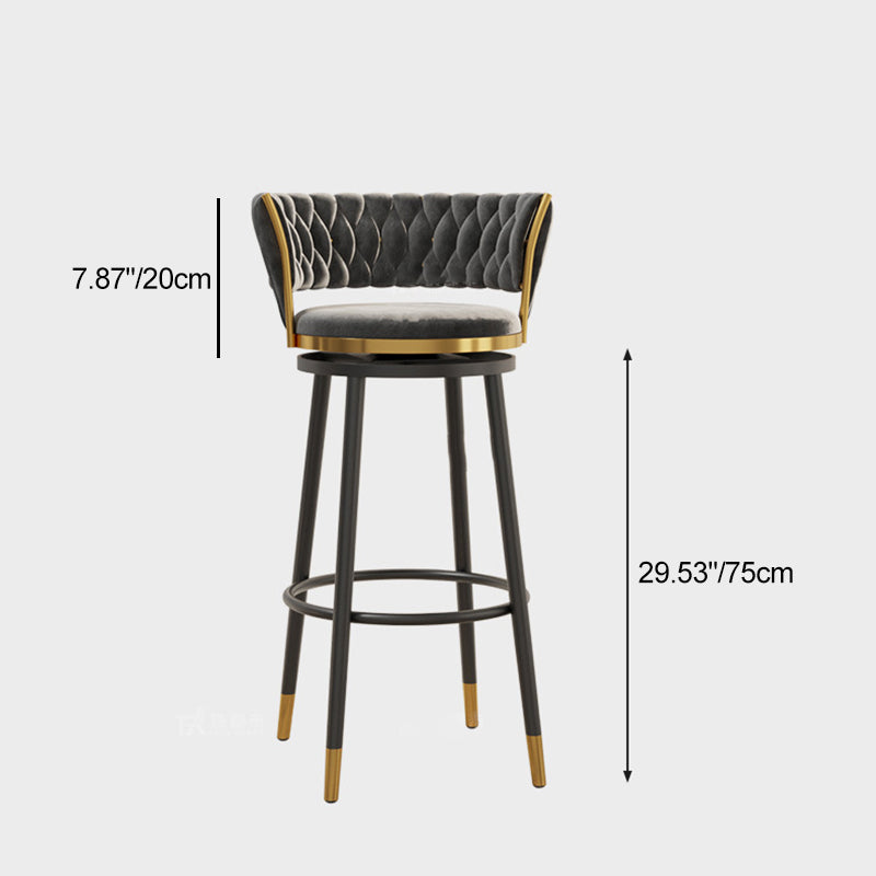 Tabouret de bar rond en velours scandinave contemporain avec dossier, repose-pieds et pivot pour la cuisine 