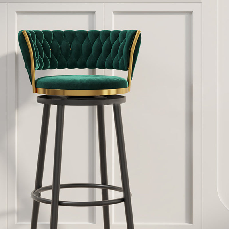 Tabouret de bar rond en velours scandinave contemporain avec dossier, repose-pieds et pivot pour la cuisine 