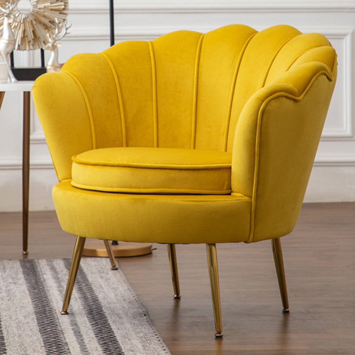 Chaise d'accent ronde contemporaine scandinave en velours, bois, métal, éponge, pétale avec dossier et accoudoirs pour salon 