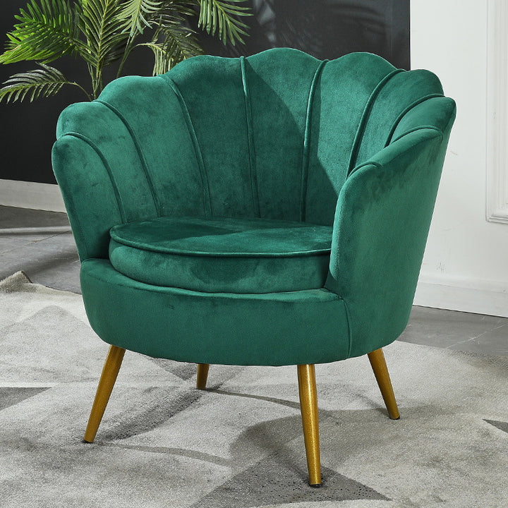 Chaise d'accent ronde contemporaine scandinave en velours, bois, métal, éponge, pétale avec dossier et accoudoirs pour salon 