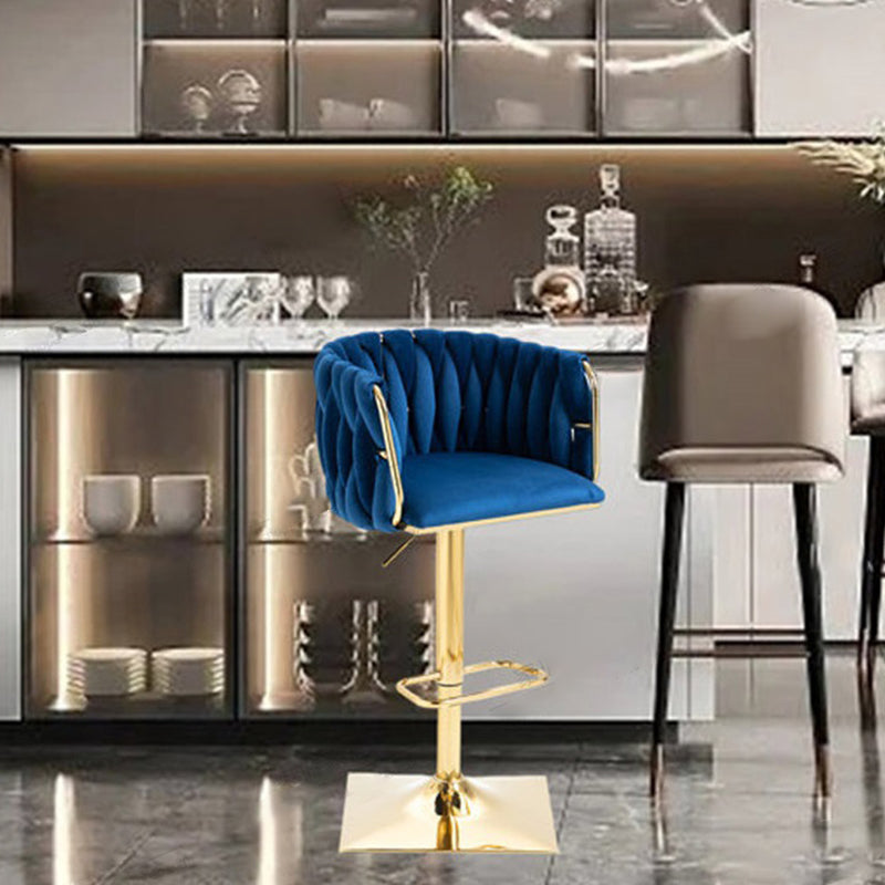 Tabouret de Bar Ovale en Velours Métal Moderne avec Éponge, Dossier, Repose-pieds, Pivotant et Réglable en Hauteur pour Cuisine 